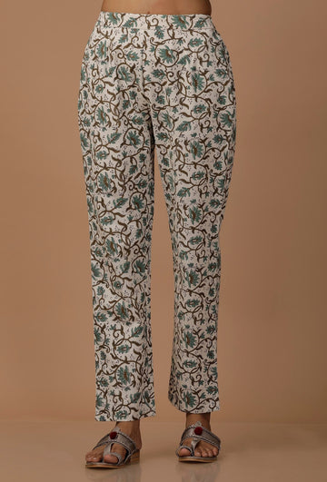 White and Blue Floral Cotton Flex Pants